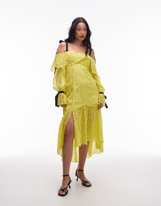 ASOS ARCHIVE - Vestito midi in pizzo color verde lime a fiori con spalline in gros grain