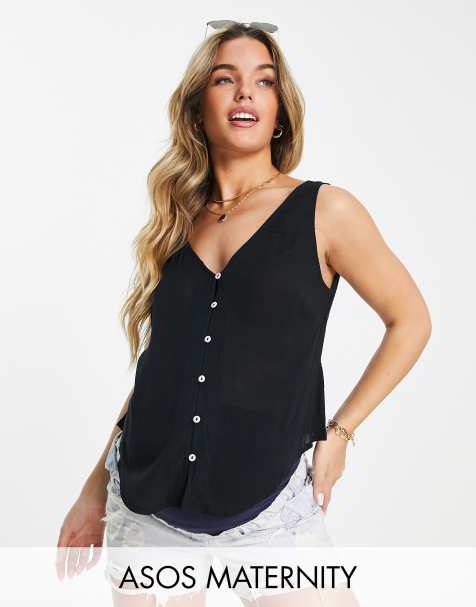 ASOS ASOS DESIGN Maternity v-neck crinkle vest with buttons in black - view 1