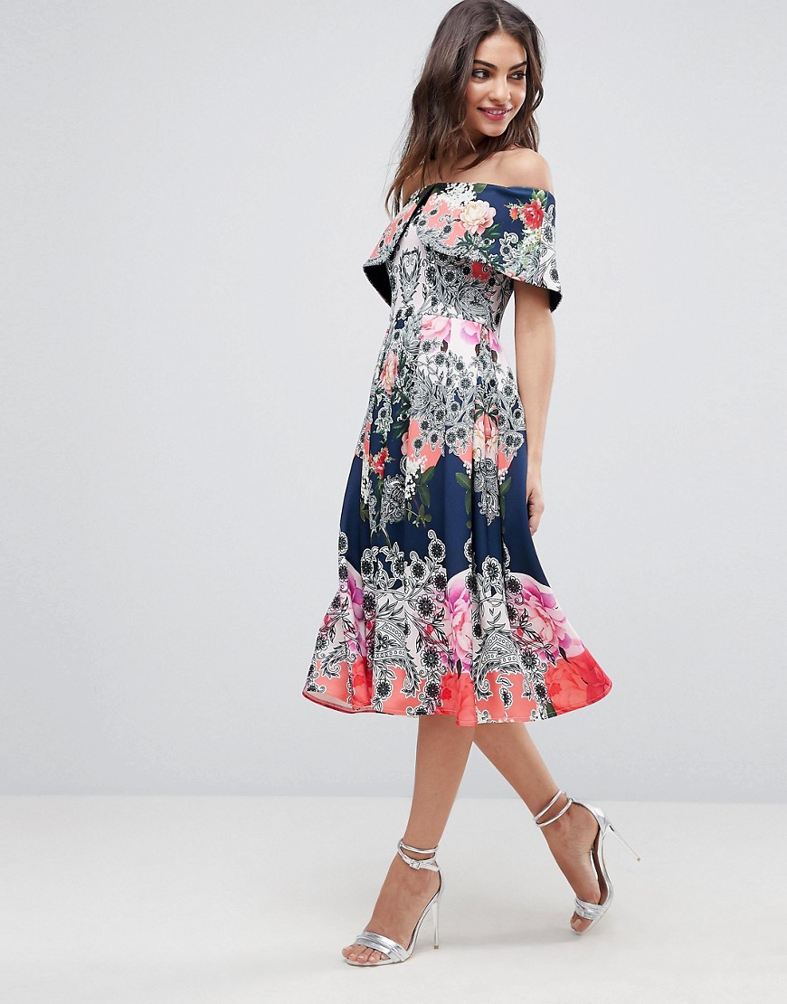 ASOS Bardot Ergonomic Floral Midi Prom Dress-Multi