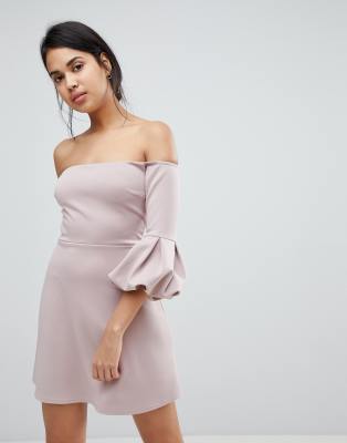 ASOS Bardot Off The Shoulder Balloon Sleeve Shift Dress-Pink