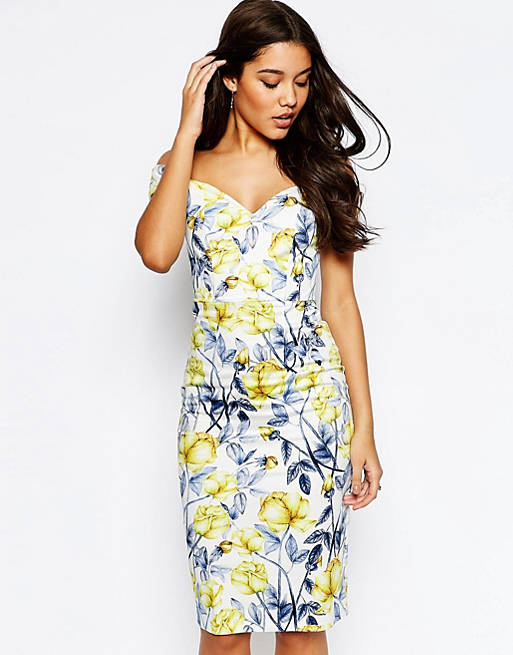 ASOS Bardot Off The Shoulder Hitchcock Midi Pencil Dress In Yellow And Blue Floral