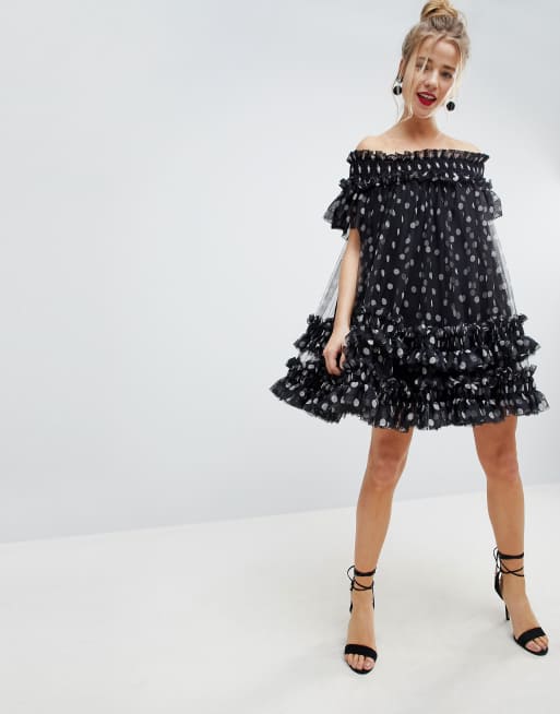 Asos bardot tulle ruched mini dress on sale