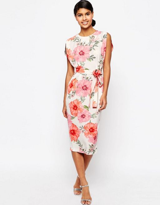 ASOS Belted Midi Dress with Split Cap Sleeve in Occasion Floral