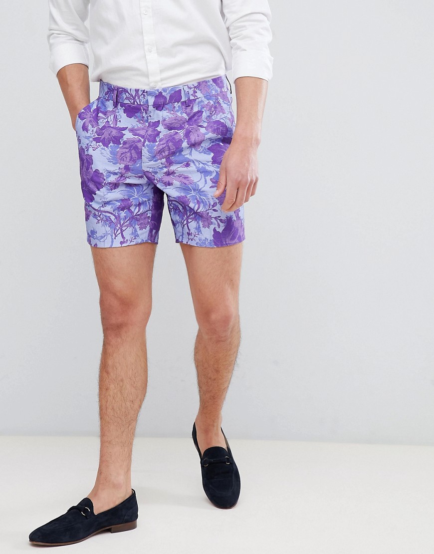 ASOS – Blåblommiga medellånga shorts med smal passform i linnelook