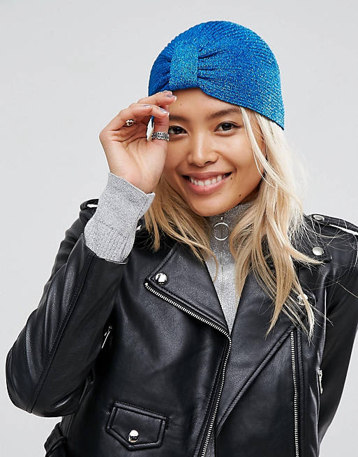 ASOS Blue Metallic Knitted Knot Front Hat