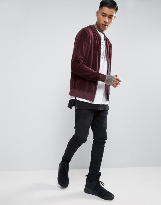 Burgundy velvet outlet bomber jacket mens