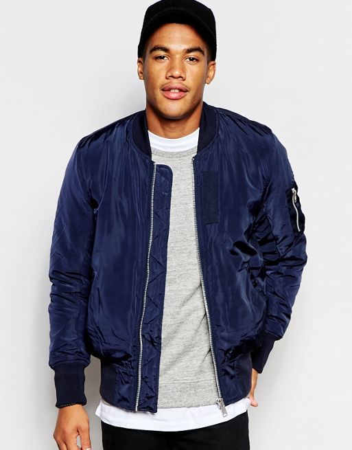 ASOS Bomber Jacket With MA1 Pocket In Navy | ASOS