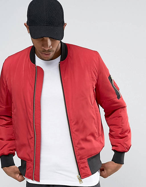 ASOS Bomber Jacket With MA1 Pocket In Red with Gold Zips
