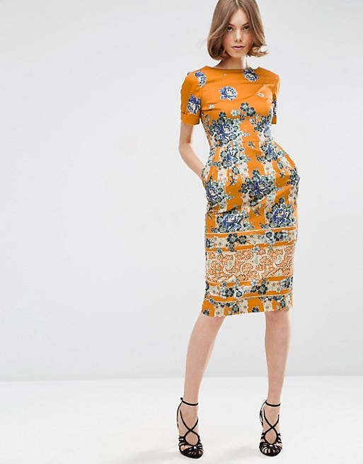 ASOS Border Print Wiggle Dress in Placement Floral Print