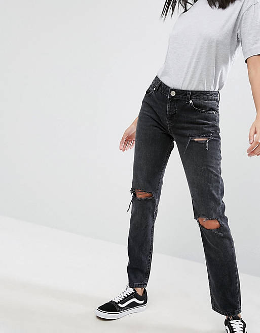 ASOS BRADY Low Rise Boyfriend Jeans in Washed Black with Busted Knees