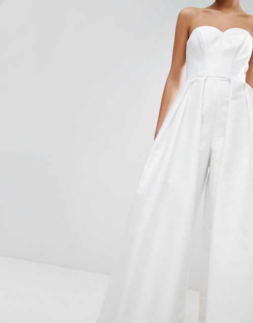 ASOS Bridal Jumpsuit In Bonded Satin With Bow Detail in White