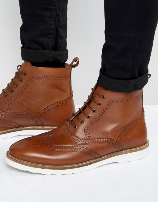 ASOS | ASOS Brogue Boots In Tan Leather With White Sole