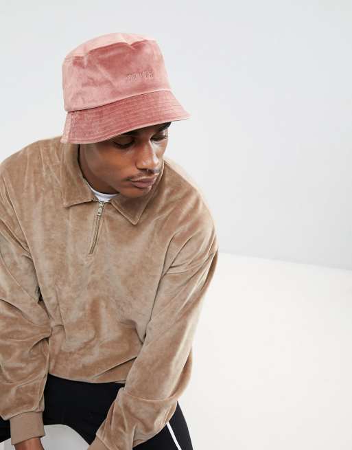 ASOS Bucket Hat In Pink Velour With Tonal Youth Embroidery