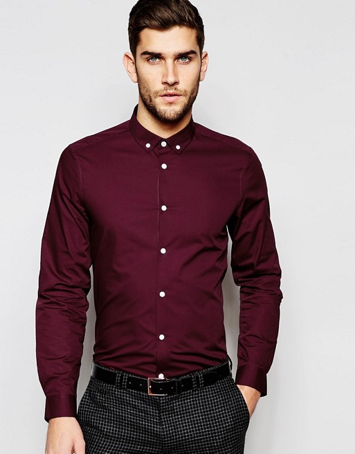 ASOS | ASOS Burgundy Shirt With Button Down Collar In Regular Fit With ...
