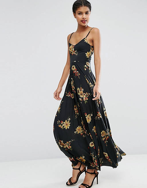 ASOS Cami Maxi Dress With Pleated Skirt In Dark Floral Print | ASOS