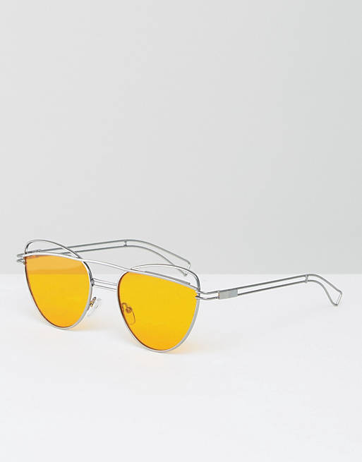 ASOS Cat Eye Sunglasses With Wire Highbrow And Double Nose Bridge with Orange Lens