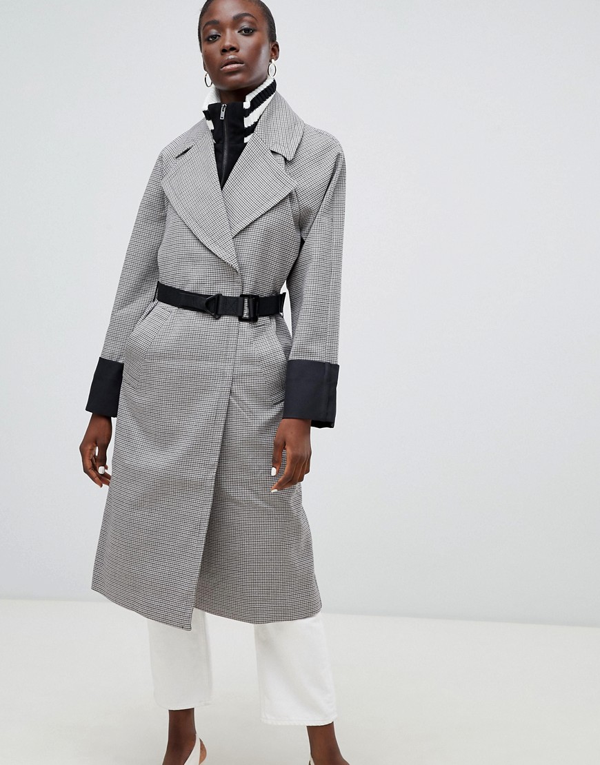 ASOS Check Coat with Tipped Rib Funnel Neck and Belt-Multi