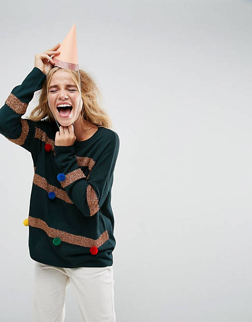 ASOS Christmas Tree Jumper with Pom Pom Baubles