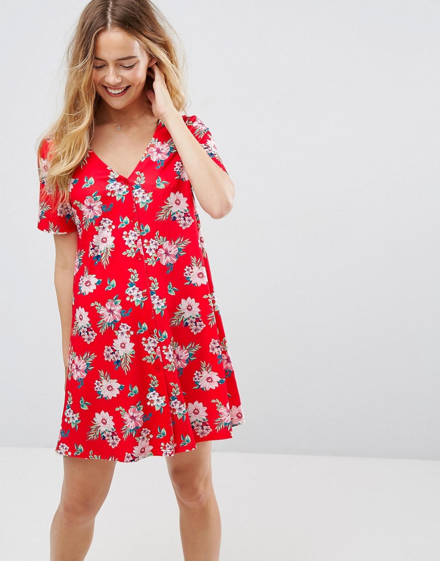 ASOS Chuck On Dress In Red Floral Print-Multi