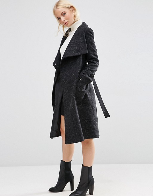 ASOS | ASOS Coat in Wool Blend With Funnel Neck and Tie Waist