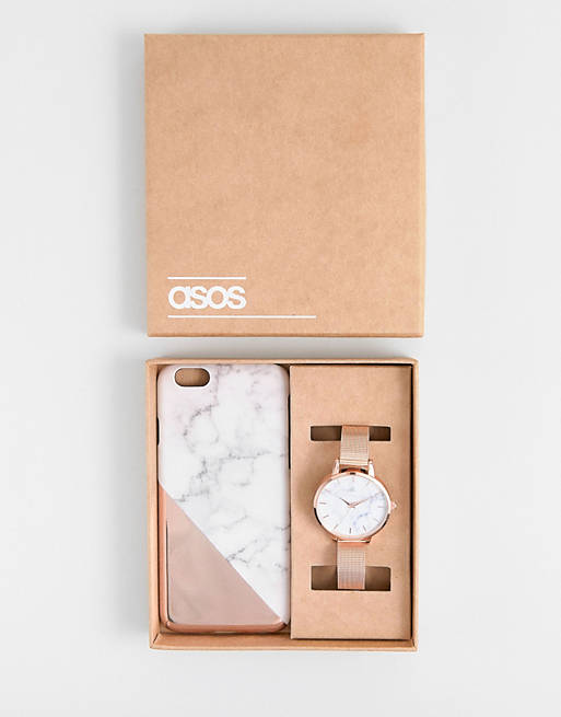 ASOS - Coffret cadeau montre-bracelet en maille et étui pour téléphone effet marbre