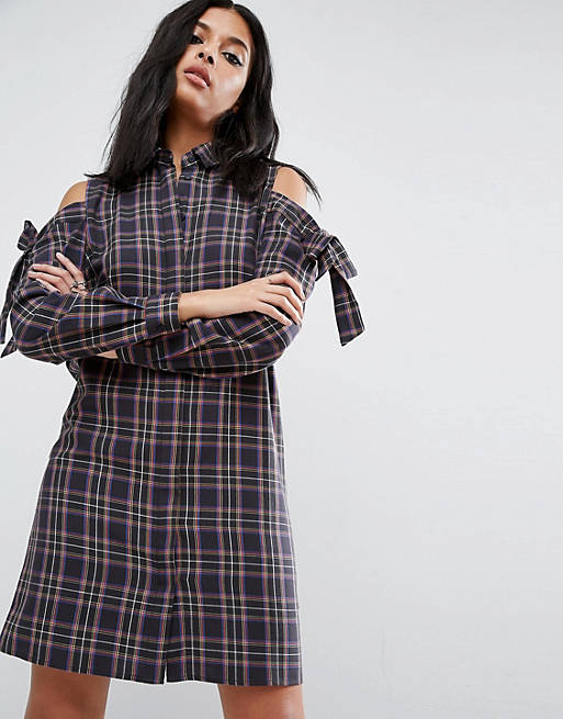 ASOS Cold Shoulder Check Shirt Dress with Bow Detail