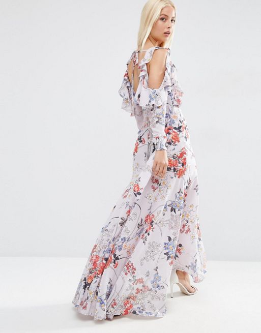 ASOS Cold Shoulder Long Sleeve Ruffle Maxi Dress In Gray Floral