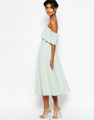 white cold shoulder midi dress