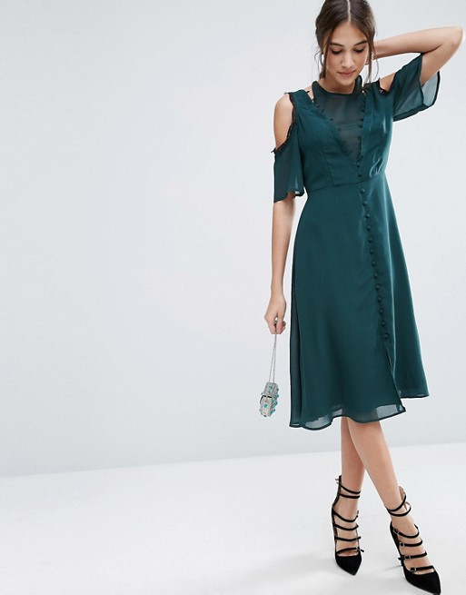 ASOS | ASOS Cold Shoulder Midi Lace Dress with Rouleau Detail