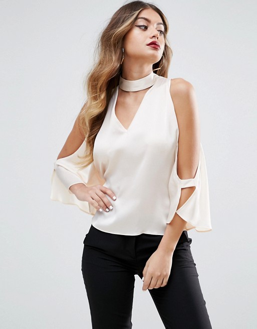 ASOS | ASOS Cold Shoulder Satin Swing Top with Deep Plunge and Choker ...