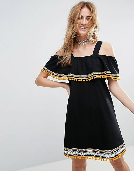 ASOS Cold Shoulder Sundress with Embroidery and Pom Poms