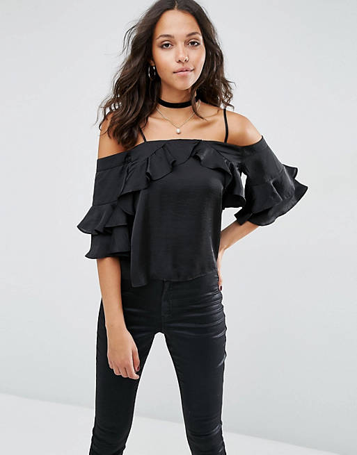 ASOS Cold Shoulder Top in Satin with Ruffle Sleeve