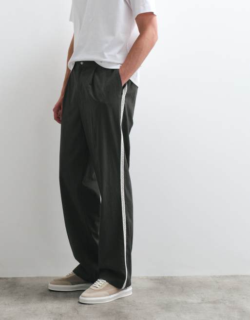ASOS COLLECTIVE - AC-B-253 - Pantaloni dritti in cotone e lino verde scuro con finiture intrecciate, 3 di 5