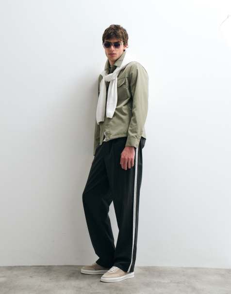 ASOS COLLECTIVE AC-B-253 straight fit cotton woven trim pants with linen in dark green - view 1