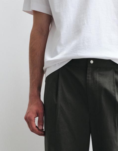 ASOS COLLECTIVE AC-B-253 straight fit cotton woven trim pants with linen in dark green - view 1