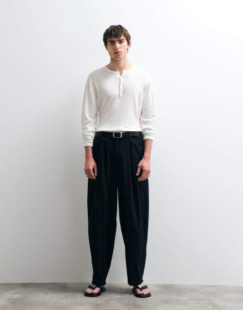 ASOS COLLECTIVE AC-B-254 tapered barrel cotton pleated pants with linen in black - view 1