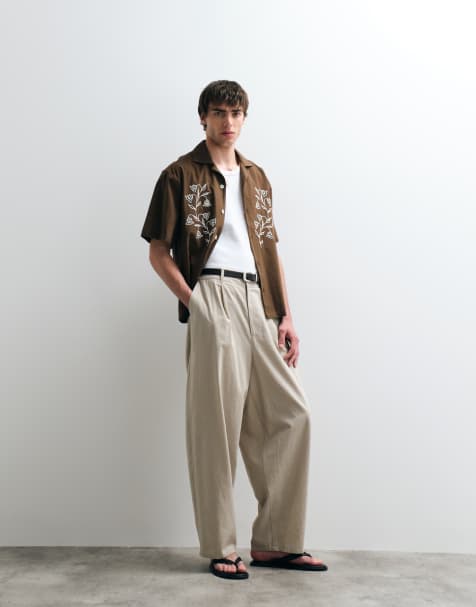 ASOS COLLECTIVE AC-B-254 tapered barrel cotton pleated trousers with linen in stone - view 1