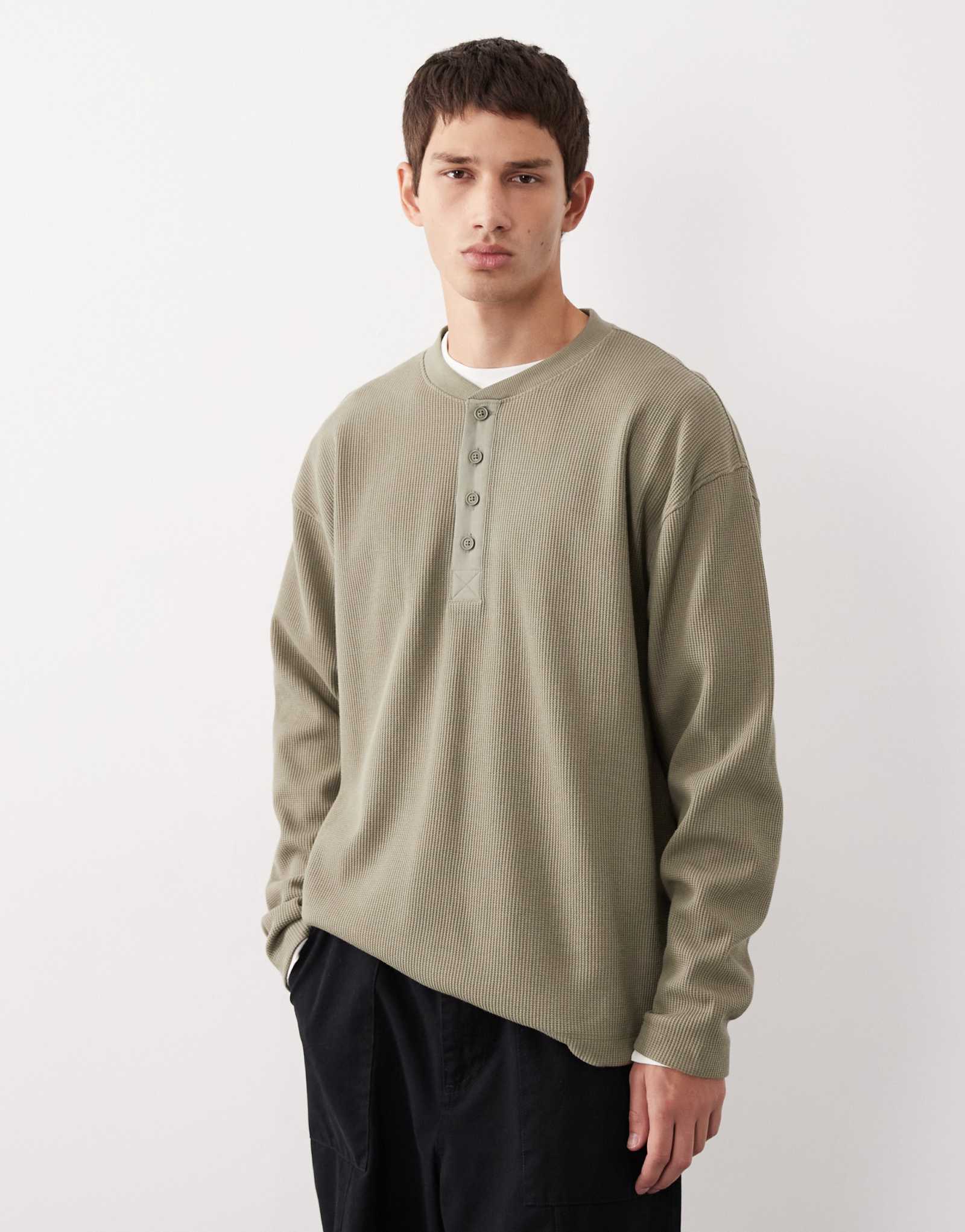 ASOS COLLECTIVE AC-T-253 - футболка с длинным рукавом henley waffle цвета хаки в супертяжелом весе, оверсайз