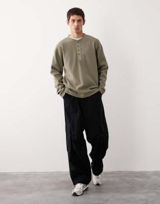 Asos Collective Ac-t-253 Heavyweight Oversized Henley Waffle Long Sleeve T-shirt In Green