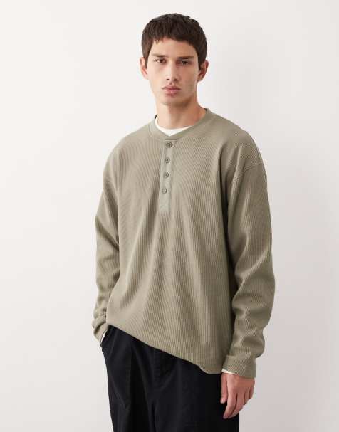 ASOS COLLECTIVE – AC-T-253 – Kakifärgad, kraftig t-shirt i oversized fit och henleystil med våffeltextur och långa ärmar - view 1
