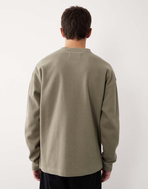 ASOS COLLECTIVE AC-T-253 - T-shirt oversize à col boutonné et manches longues en tissu gaufré épais - Kaki, 3 de 7
