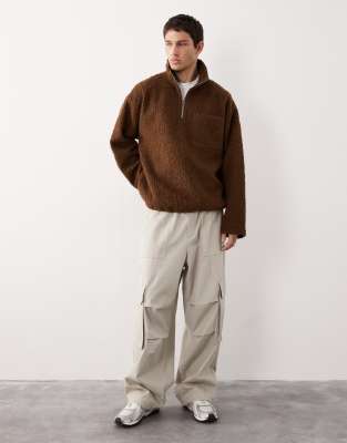 Asos Collective Ac-t-2573 Signature Fit Borg Quarter Zip Funnel In Brown