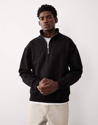Asos Collective Ac-t-2573 Signature Fit Heavyweight Quarter Zip Funnel Sweatshirt In Black