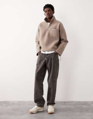 Asos Collective Ac-t-2573 Signature Fit Scuba-style Fabric Quarter Zip Funnel In Neutral