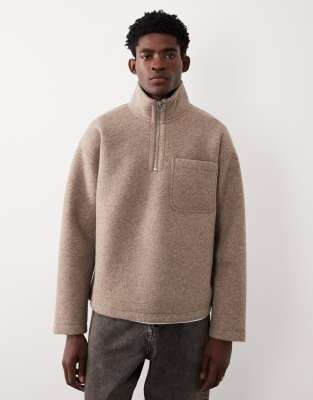 Asos Collective Ac-t-2573 Signature Fit Scuba-style Fabric Quarter Zip Funnel In Neutral