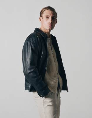ASOS COLLECTIVE - Blouson Harrington en cuir véritable texturé - Noir