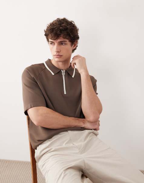 ASOS COLLECTIVE – Brązowa dzianinowa koszulka polo o luźnym kroju z zamkiem pod szyją, część zestawu - view 1