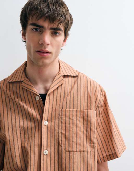ASOS COLLECTIVE - Camicia comoda a righe in cotone e lino arancione, 2 di 5