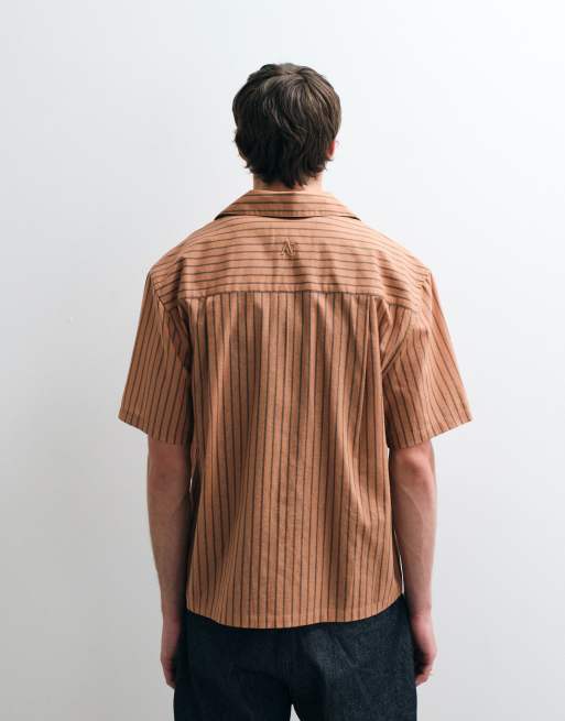 ASOS COLLECTIVE - Camicia comoda a righe in cotone e lino arancione, 4 di 5
