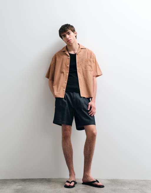 ASOS COLLECTIVE - Camicia comoda a righe in cotone e lino arancione, 5 di 5